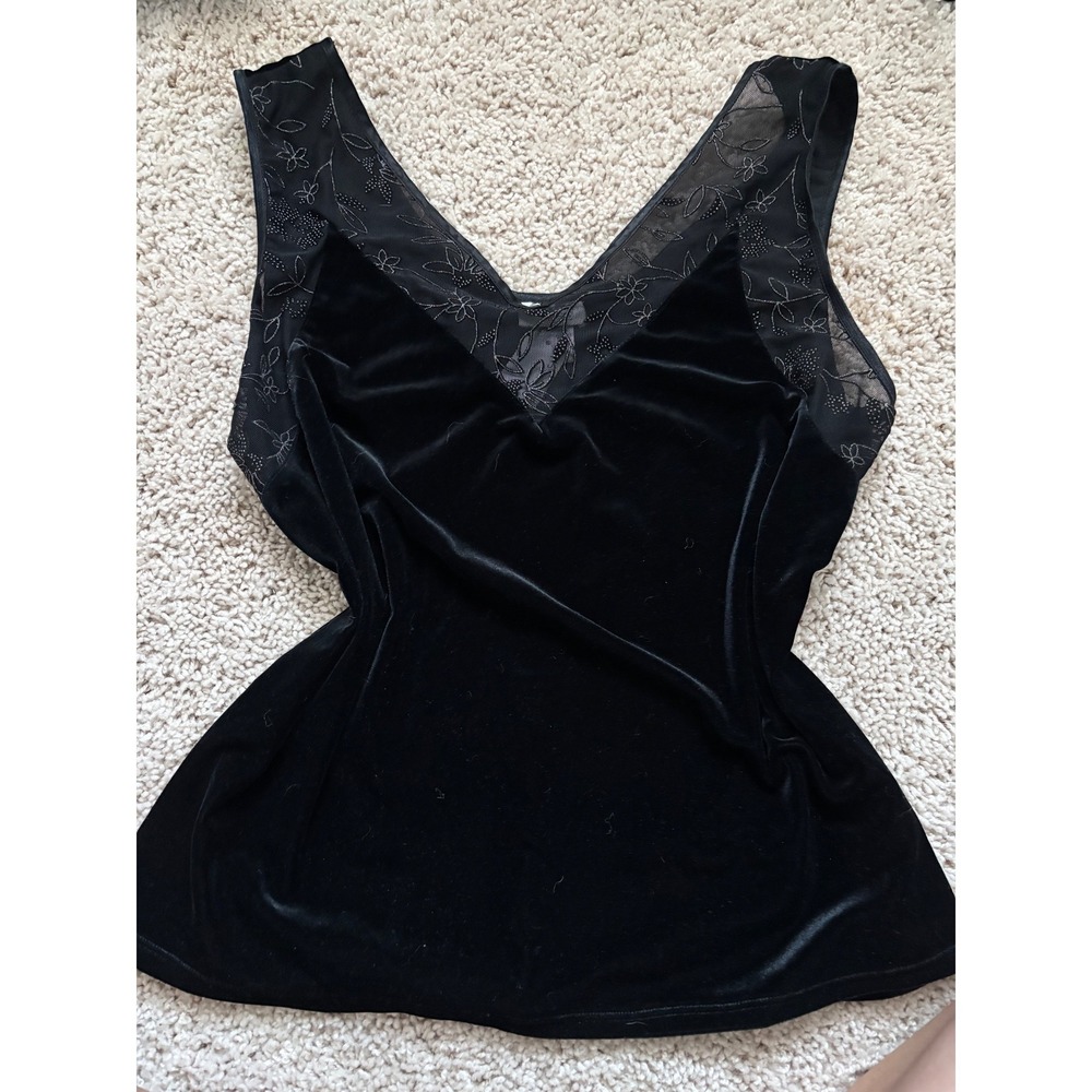 Vintage Black Velvet tank Mesh Floral Embroidery Cinema Etoile Gothic Y2K L